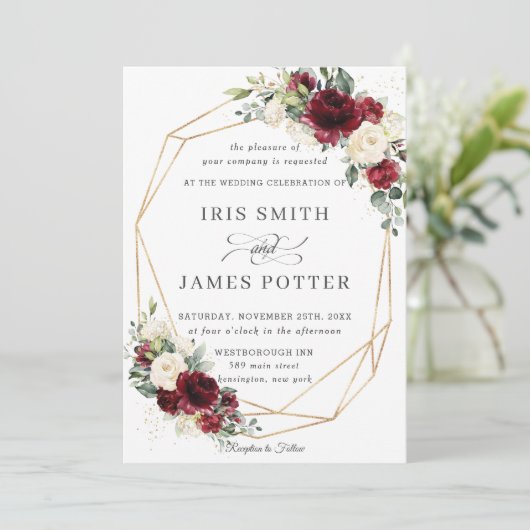 バーガン素朴ディアイボリーフローラ結婚の幾何学 招待状 (スタンド正面)