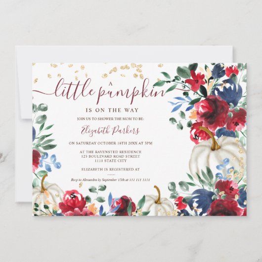 バーガン素朴ディフローラカボチャ秋ベビーシャワー 招待状 (正面)