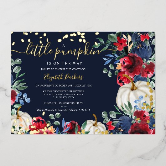 バーガン素朴ディフローラカボチャ秋ベビーシャワー 箔招待状 (正面)