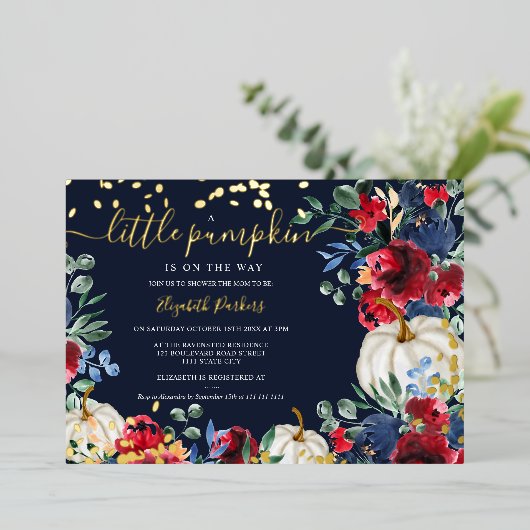 バーガン素朴ディフローラカボチャ秋ベビーシャワー 箔招待状 (立ち正面)