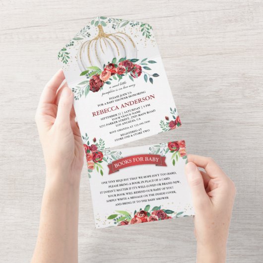 バーガン素朴ディフローラカボチャ赤ちゃんシャワー オールインワン招待状 (貼ってはがせる)