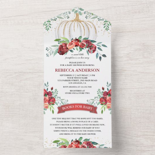 バーガン素朴ディフローラカボチャ赤ちゃんシャワー オールインワン招待状 (内側)