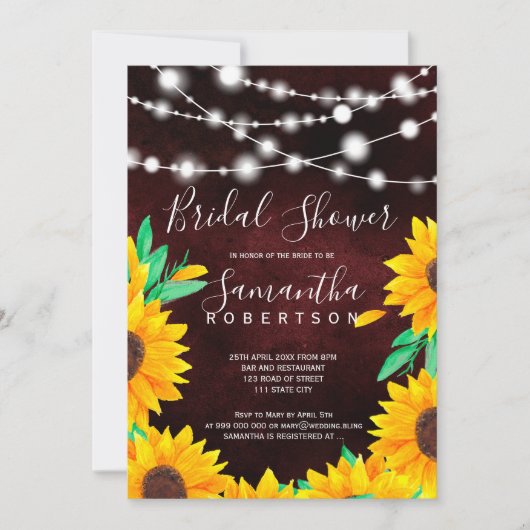 バーガン素朴ディーライトサンフラワーブライダルシャワー 招待状 (正面)