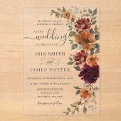 バーガン素朴ディ燃えたオレンジ色の錆びフローラ結婚の アクリル招待状 (正面)