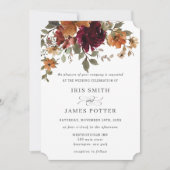 バーガン素朴ディ燃えたオレンジ色の錆びフローラ結婚の 招待状 (正面)