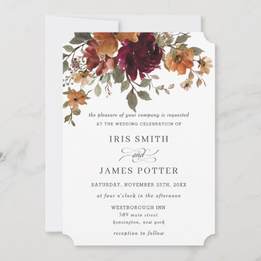 バーガン素朴ディ燃えたオレンジ色の錆びフローラ結婚の 招待状 (正面)