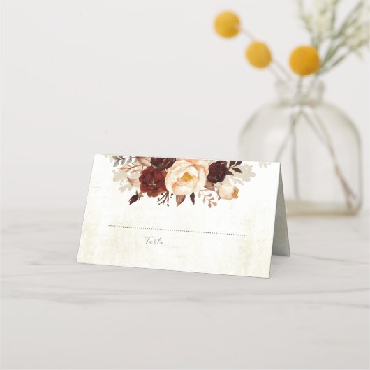 バーガン素朴ディ結婚フラワーズ プレイスカード (正面)