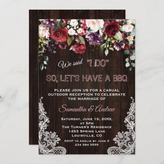 バーガン素朴ディ赤面フラワーレースI DO BBQ 招待状 (正面/裏面)