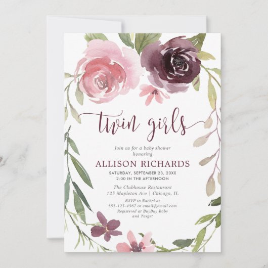 バーガン素朴ディ赤面双子の女の子ベビーシャワー 招待状 (正面)