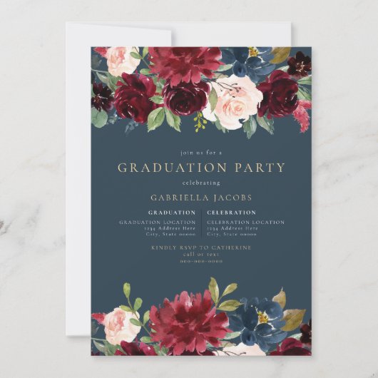 バーガン素朴ディ&ネイビーフローラ緑化卒業 招待状 (正面)