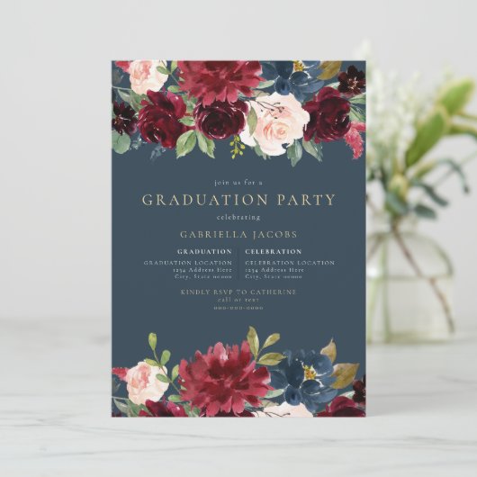 バーガン素朴ディ&ネイビーフローラ緑化卒業 招待状 (スタンド正面)