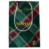 バーガン芸術的ディとグリーンの格子模様のクリスマスカスタム ミディアムペーパーバッグ (正面)