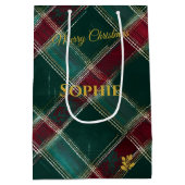 バーガン芸術的ディとグリーンの格子模様のクリスマスカスタム ミディアムペーパーバッグ (裏面)