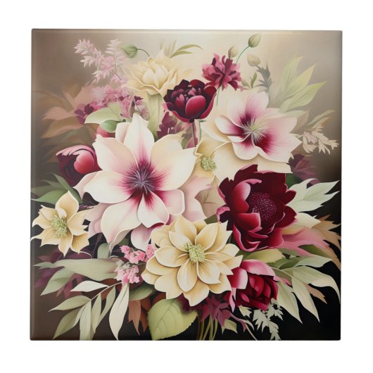 バーガン鮮やかディとクリームの花の花束 タイル (正面)