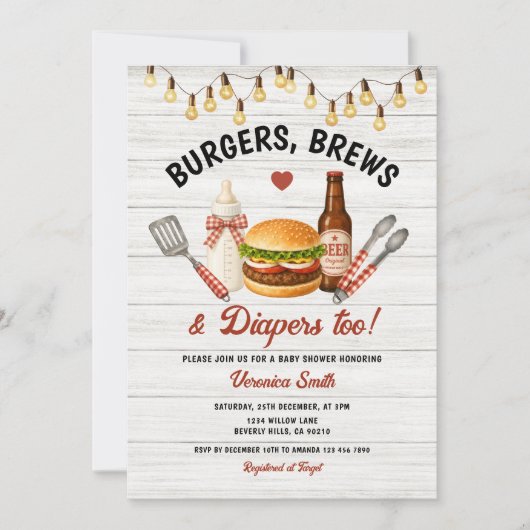 バーガーとビールとおむつ Baby Shower BBQ 招待状 (正面)
