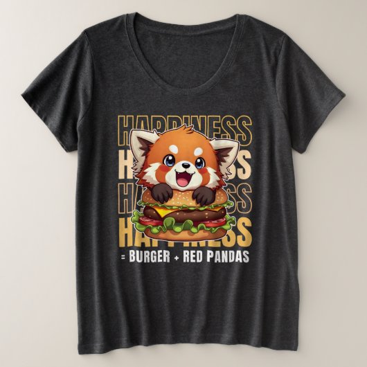 バーガーと赤いパンダが私を幸せにする プラスサイズTシャツ (デザイン正面)