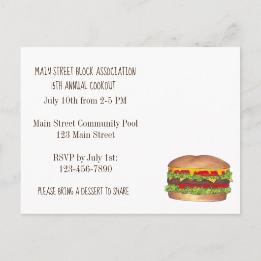 バーガーチーズバーガー懇親会ピクニッククックアウトパーティー インビテーションポストカード (裏面)