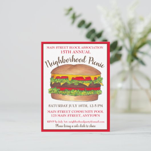バーガーハンバーガーチーズバーガーピクニッククックアウトパーティー インビテーションポストカード (スタンド正面)