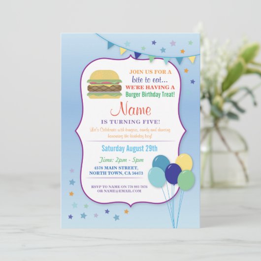 バーガーバースデーパーティーブルーバルーン誕生日招待状 招待状 (スタンド正面)