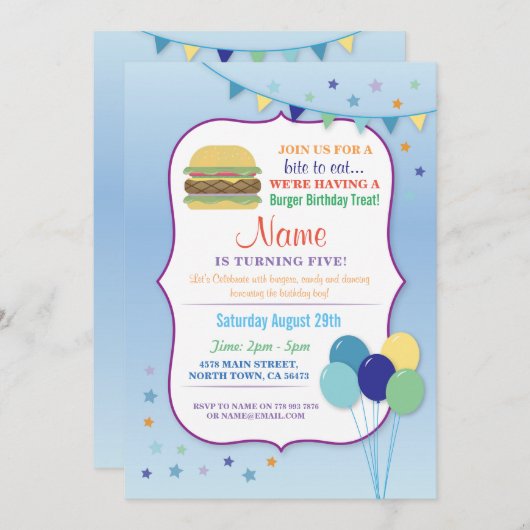 バーガーバースデーパーティーブルーバルーン誕生日招待状 招待状 (正面/裏面)