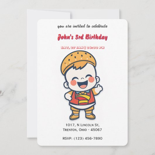 バーガーベビーパーソナライズされた誕生日 招待状 (正面)