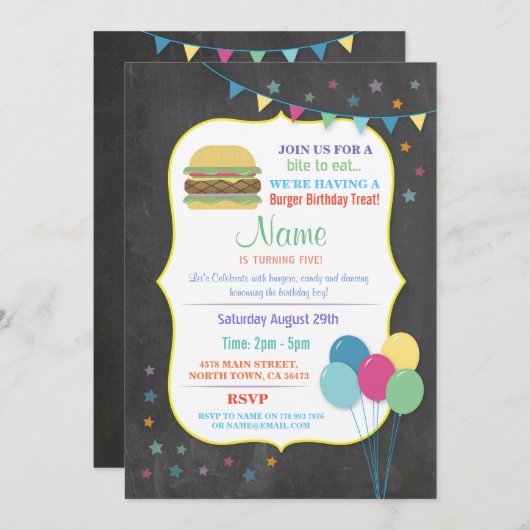 バーガー誕生日招待状キッズキッズチョークパーティーおもしろい 招待状 (正面/裏面)