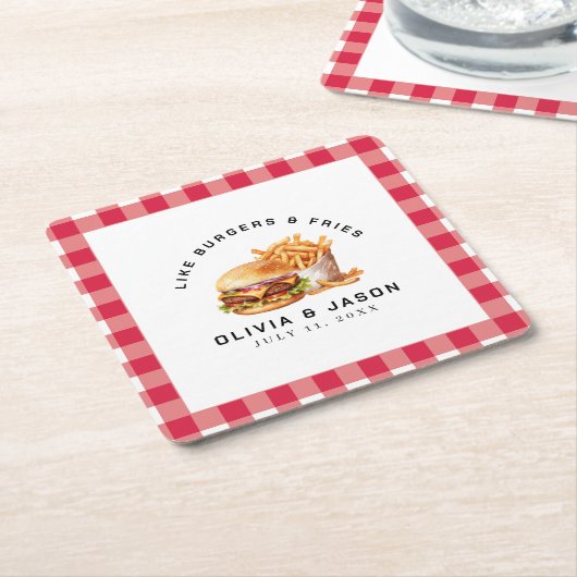 バーガー&フライスピクニックウェディングシャワー スクエアペーパーコースター (アングル)