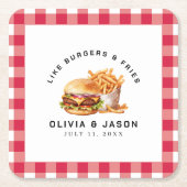 バーガー&フライスピクニックウェディングシャワー スクエアペーパーコースター (正面)