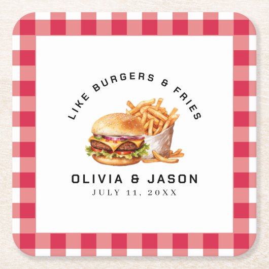 バーガー&フライスピクニックウェディングシャワー スクエアペーパーコースター (正面)