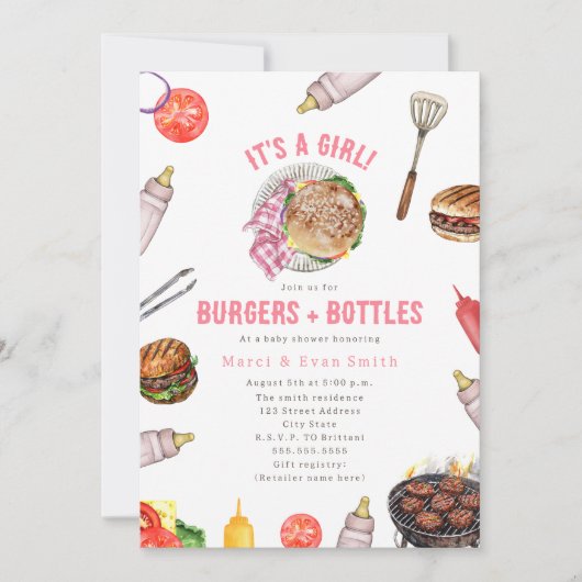 バーガー+ボトルクックアウトガールベビーシャワー 招待状 (正面)