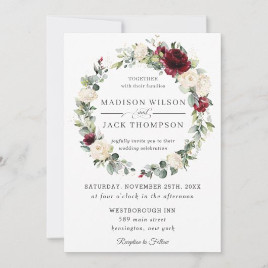 バーガ素朴ンディアイボリーホワイトフローラ結婚リースズ 招待状 (正面)
