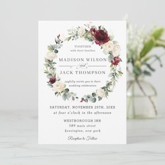 バーガ素朴ンディアイボリーホワイトフローラ結婚リースズ 招待状 (スタンド正面)