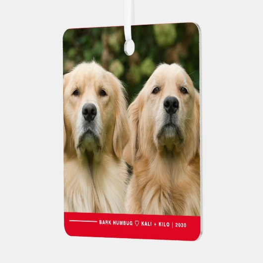 バークおもしろいフマグ犬の写真クリスマスパーソナライズされた メタルオーナメント (正面左)