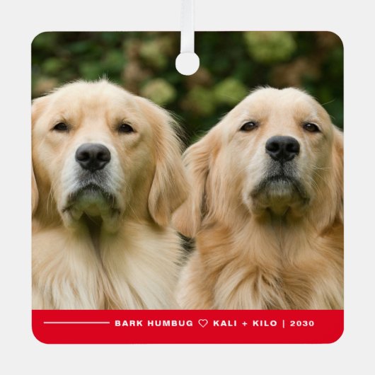 バークおもしろいフマグ犬の写真クリスマスパーソナライズされた メタルオーナメント (正面)