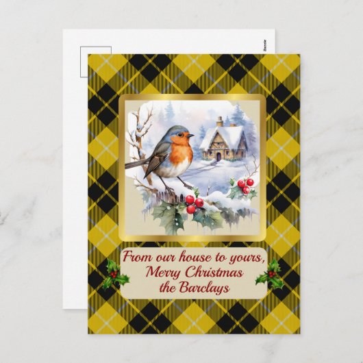 バークレイクレスト&タータンチェック(ロビン付パーソナライズされた) シーズンポストカード (正面/裏面)