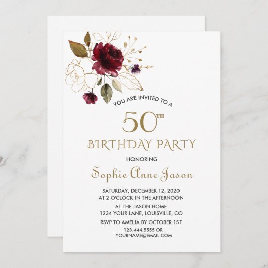 バーグお洒落ンディ金ゴールドフローラ50誕生日 招待状 (正面/裏面)