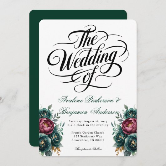 バーグエレガントンディとエメラルドの牡丹結婚の 招待状 (正面/裏面)