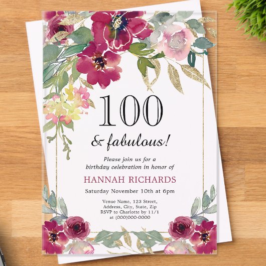 バーグエレガントンディピンク金ゴールドフローラ100誕生日 アクリル招待状