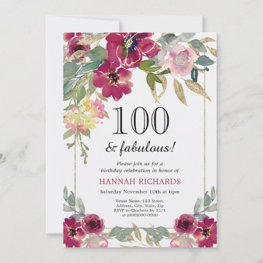 バーグエレガントンディピンク金ゴールドフローラ100誕生日 招待状 (正面)