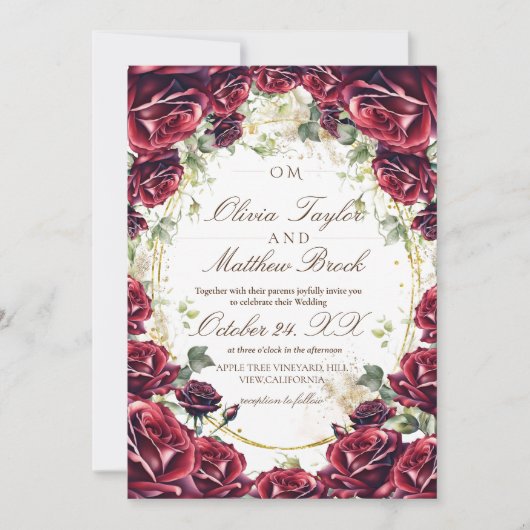 バーグエレガントンディフローラバラ結婚金ゴールド 招待状 (正面)