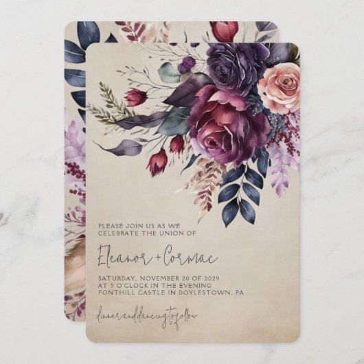 バーグエレガントンディ海軍フローラ水の色結婚の 招待状 (正面/裏面)