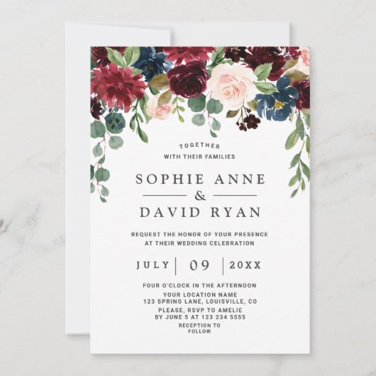 バーグエレガントンディ海軍ブルー結婚花 招待状 (正面)