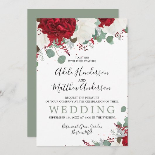 バーグエレガントンディ緑のフローラ結婚ズ 招待状 (正面/裏面)