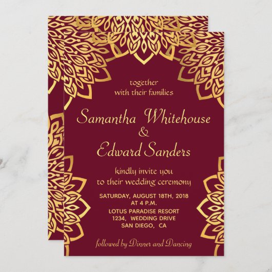 バーグエレガントンディ金ゴールド素朴結婚式招待状 招待状 (正面/裏面)