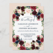 バーグエレガントンディ、ネイビー、ピンクのフローラ結婚ズ 招待状 (正面/裏面)