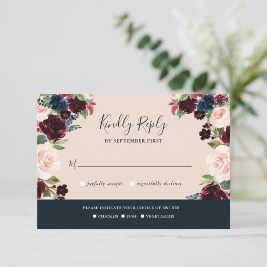 バーグエレガントンディ、ピンクと海軍のフローラ結婚 出欠カード (スタンド正面)