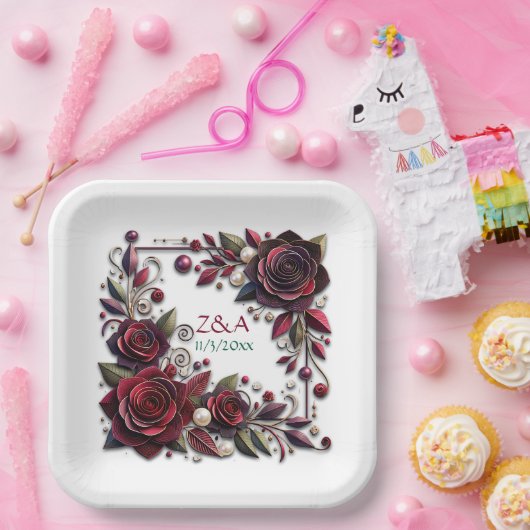 バーグニかわいらしーバラフローラモノグラムの ペーパープレート (パーティー)