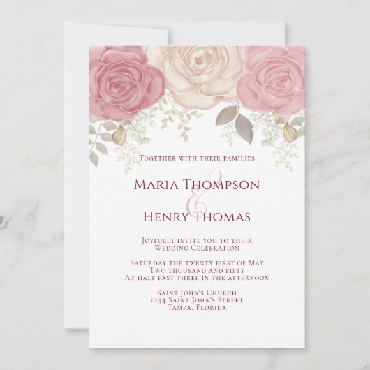 バーグニエレガントディウォーターカラーフローラバラ金ゴールド 招待状 (正面)