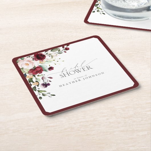 バーグニエレガントディフローラ水彩ブライダルシャワー スクエアペーパーコースター (アングル)
