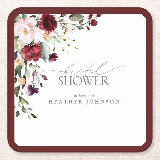 バーグニエレガントディフローラ水彩ブライダルシャワー スクエアペーパーコースター (正面)